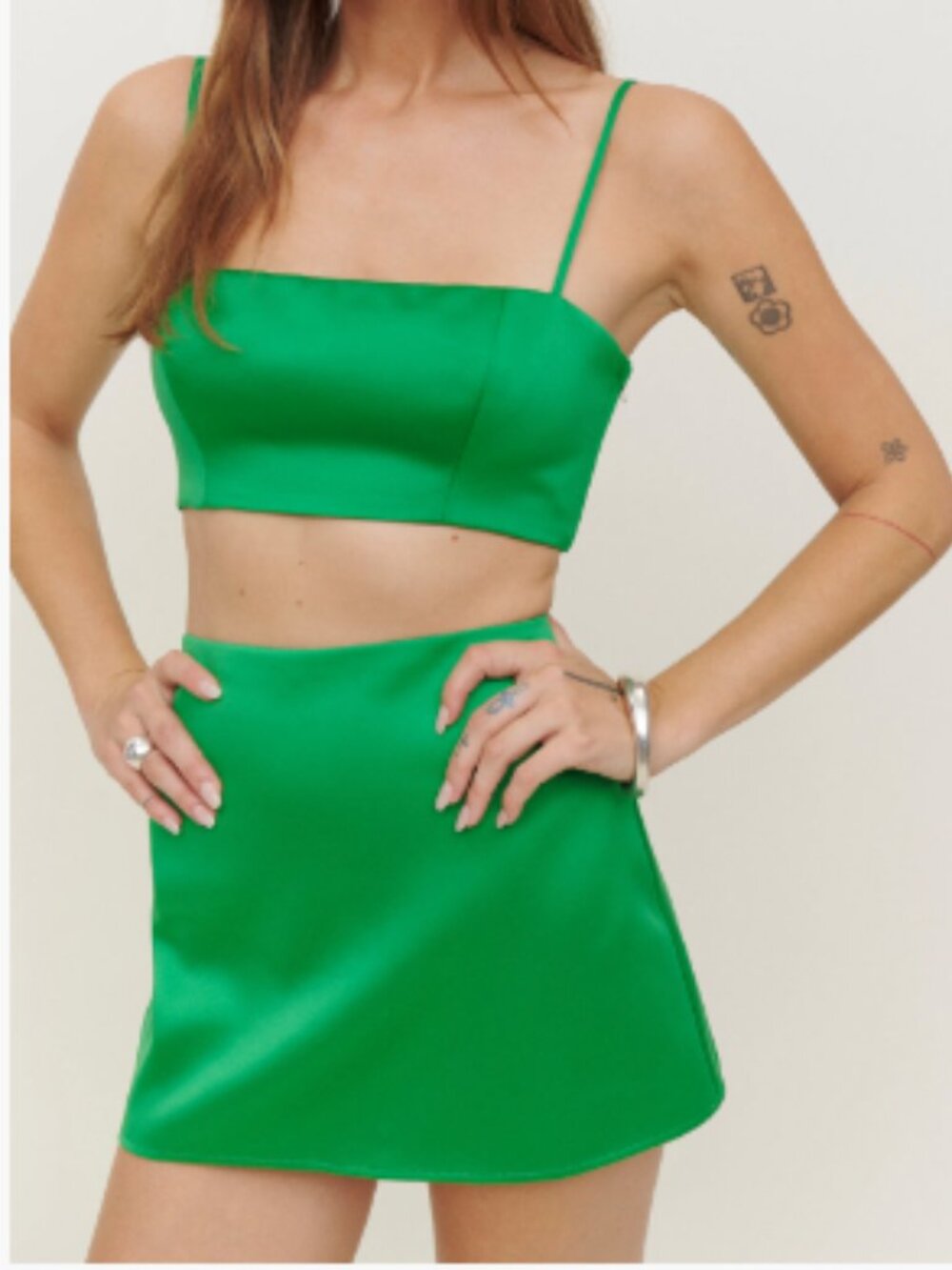 REFORMATION Jennie Mini Skirt Set Crop Bra Spencer Top 0 Jade Green Satin 2 Pc